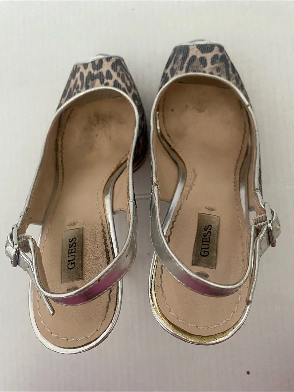 GUESS Slingback Peep-Toe 5” Heel in brown & silver Leopard Print Size 7 - Picture 15 of 16